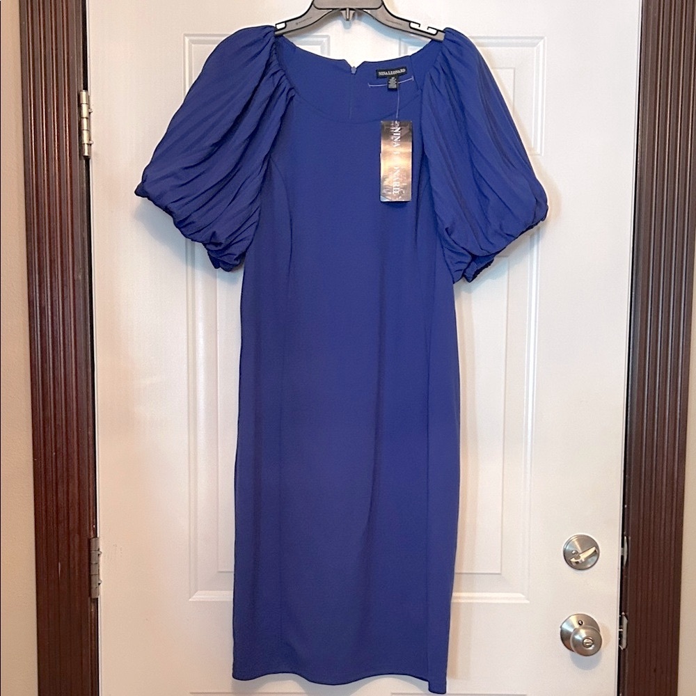 Nina Leonard Puff Sleeve Dress 1X Royal NEW Cocktail Party Formal Wedding